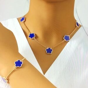 Dalton Blue Clover Flower Necklace & Bracelet Set